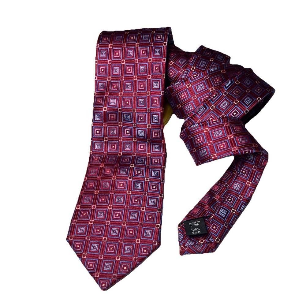 Hickey Freeman 1899 Men's Silk Tie  Woven Red Blue White Connected‎ Medallion